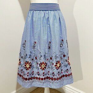 Magic Blue & White Gingham Plaid Skirt w/ Floral Embroidery